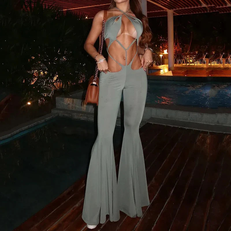 Stylish Women's Sleeveless Halter Neck Jumpsuit with Hollow Out Back and Nipped Waist Skinny Flare Pants Romper