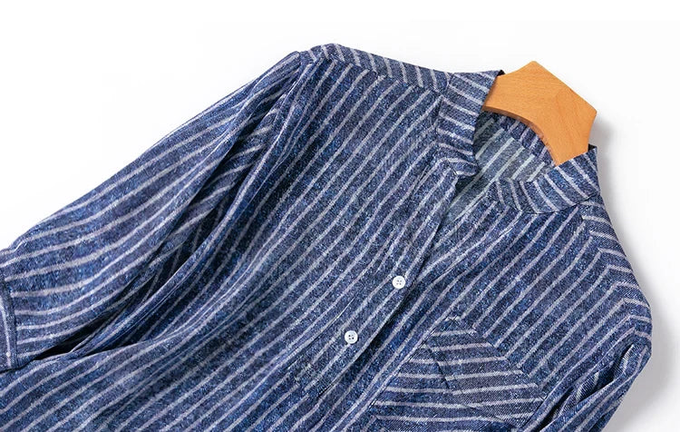 Women 100 Percent Mulberry Crepe Silk Shirt Blue Jeans Stripe Printed Three Quarter Sleeve Pullover Blouse Elegant Office Top in M L XL