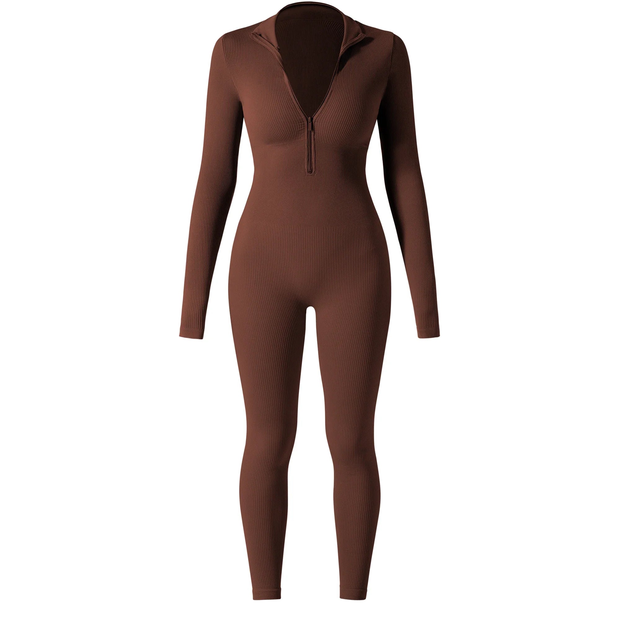 Bodycon Slim Fit Zipper Jumpsuit for Women Casual Brown Fitness Romper Streetwear Playsuit Overall