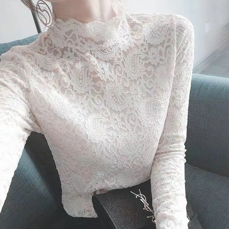 Winter High Neck Long Sleeve Fleece Lace Women T-Shirt Elegant Trendy Top