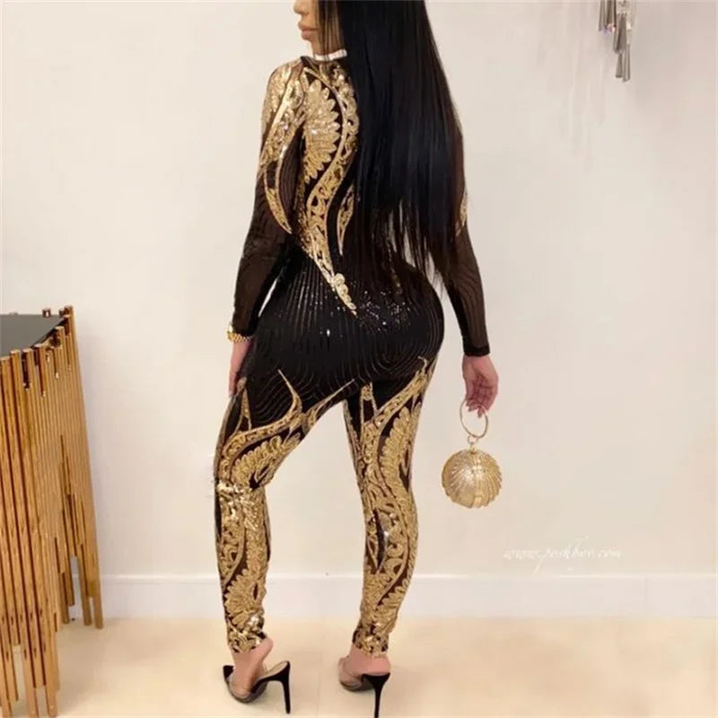 Sexy Sheer Mesh Patterned Jumpsuit for Women Slim Fit Pencil Trousers Romper One-Piece Party Clubwear Night Out Pants