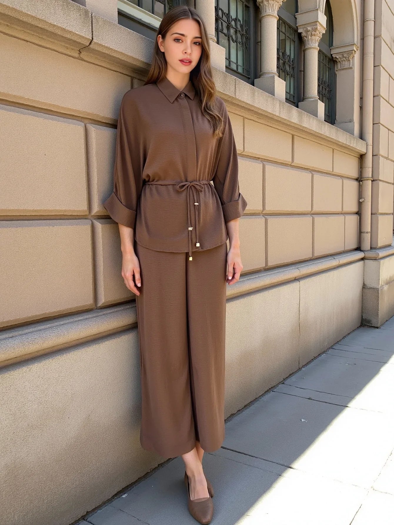 Fashion Women's Casual Pants Set with Solid Khaki Drawstring Waist Blouse and Elastic Waist Baggy Pants