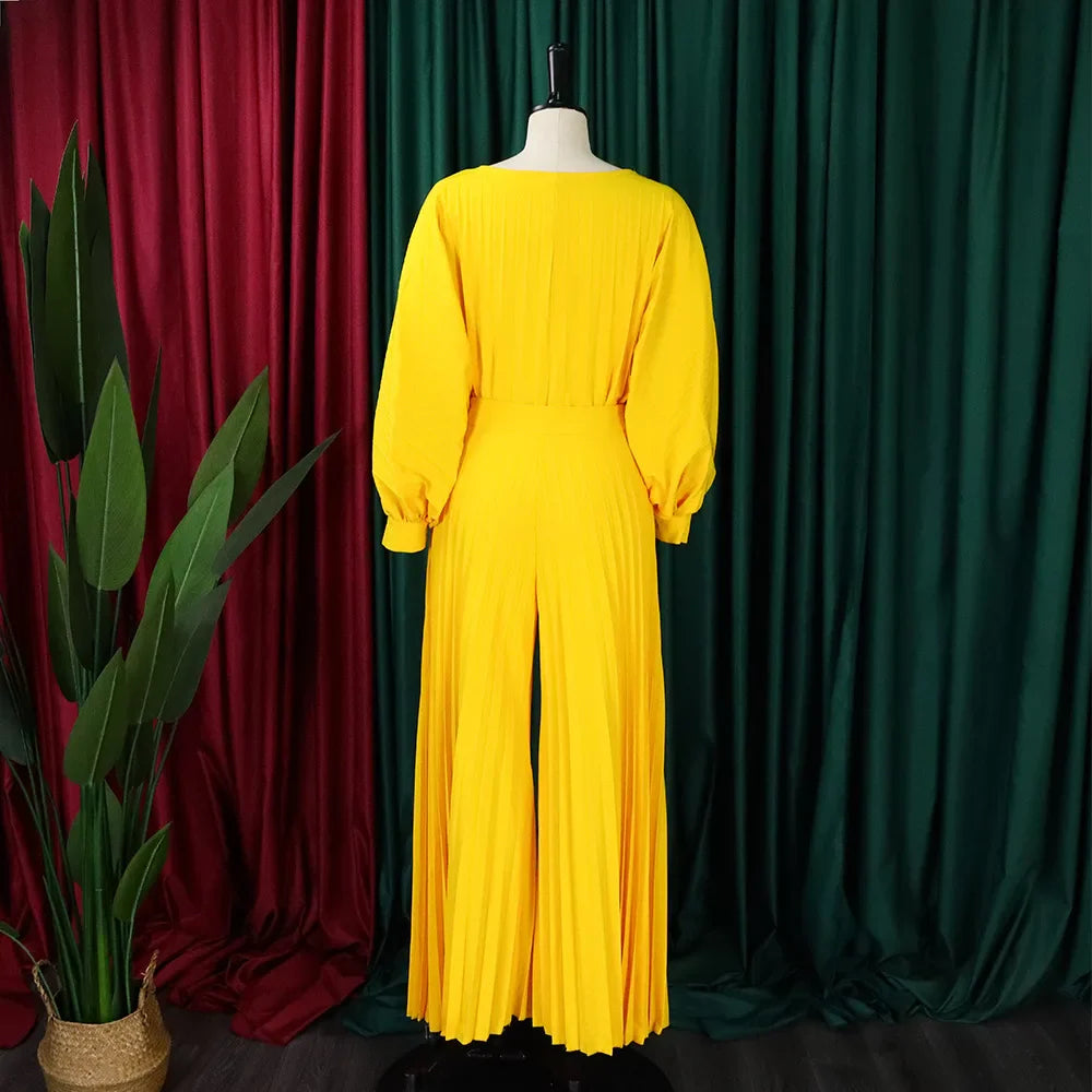 Elegant Two-Piece Women's Pants Set with O Neck Full Sleeve Blouse and High Waisted Wide Leg Trousers Fashionable Matching Outfit