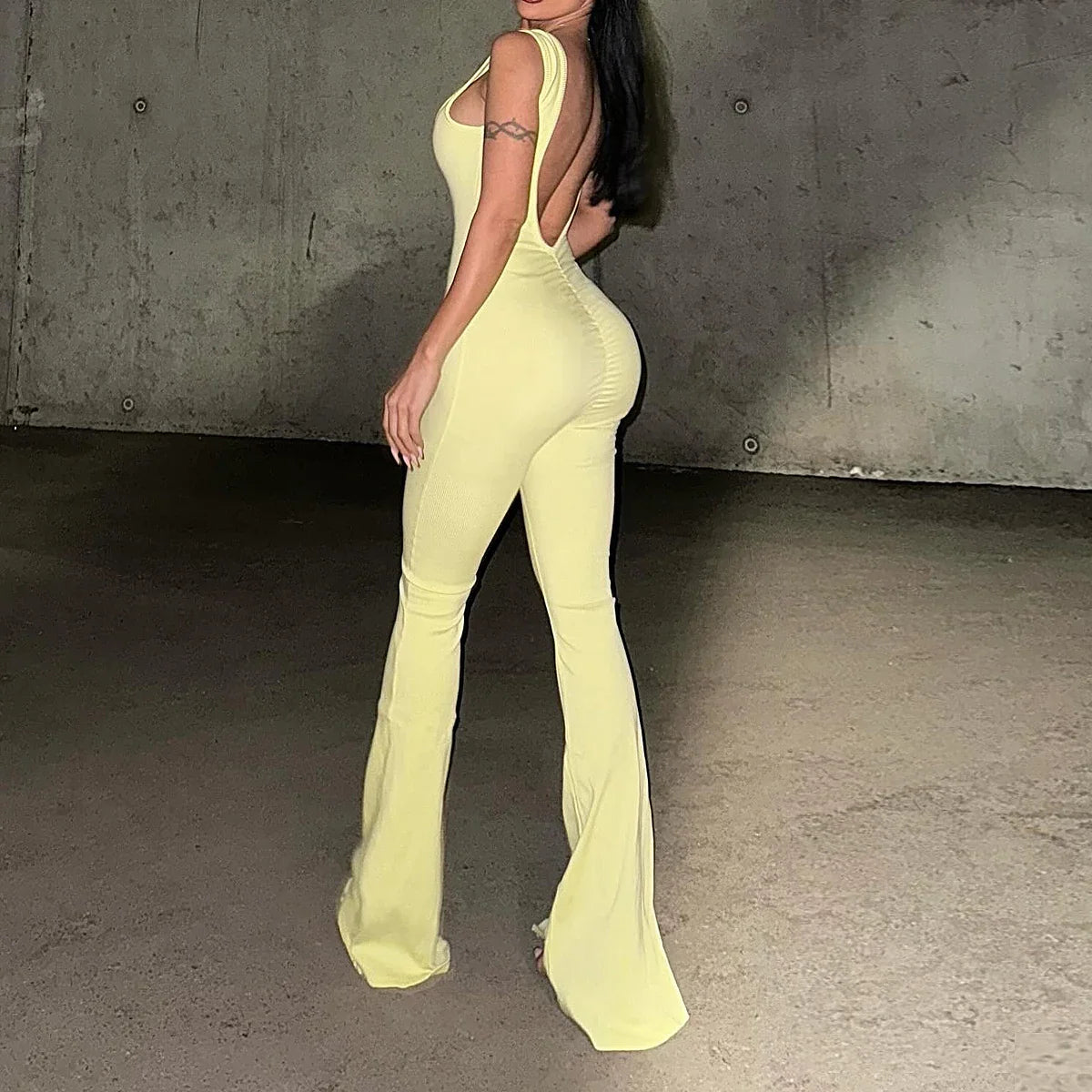 Women's Slim Fit Solid Color Bell Bottom Suspender Jumpsuit Pants Stretchy Sexy Fit