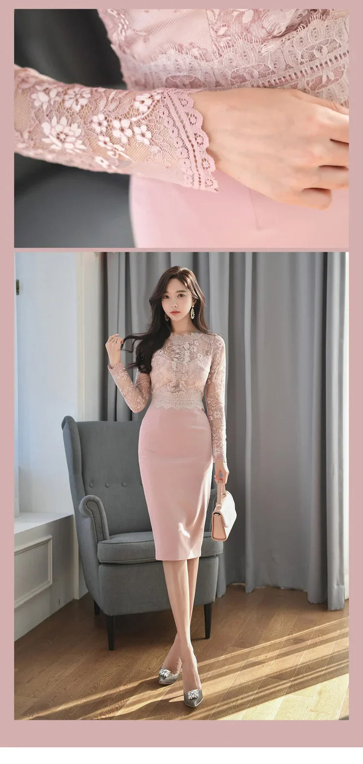 Korean Lace Bodycon Dress Women Office Sheath Pencil