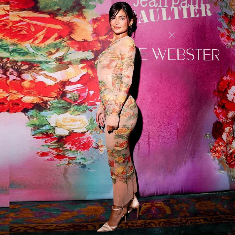 Sheer Mesh Floral Maxi Dress Long Sleeve Beachwear