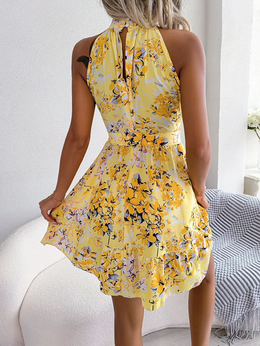 Floral Halter Neck A Line Dress With Lace Up Ruffles Spring