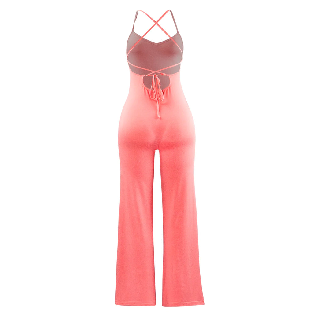 Women's Elegant Solid Color Retro V-Neck Halter Backless Sleeveless Wide Leg Loose Jumpsuit