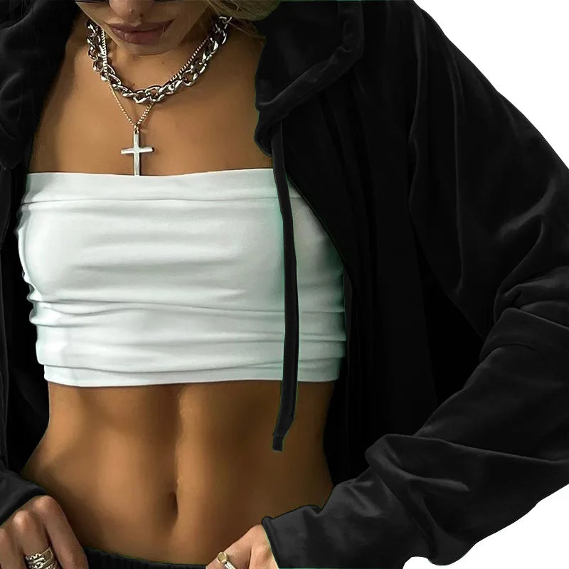 Velvet Tracksuit Women Two Piece Set with Zipper Crop Coat and Long Pants Casual Outfit