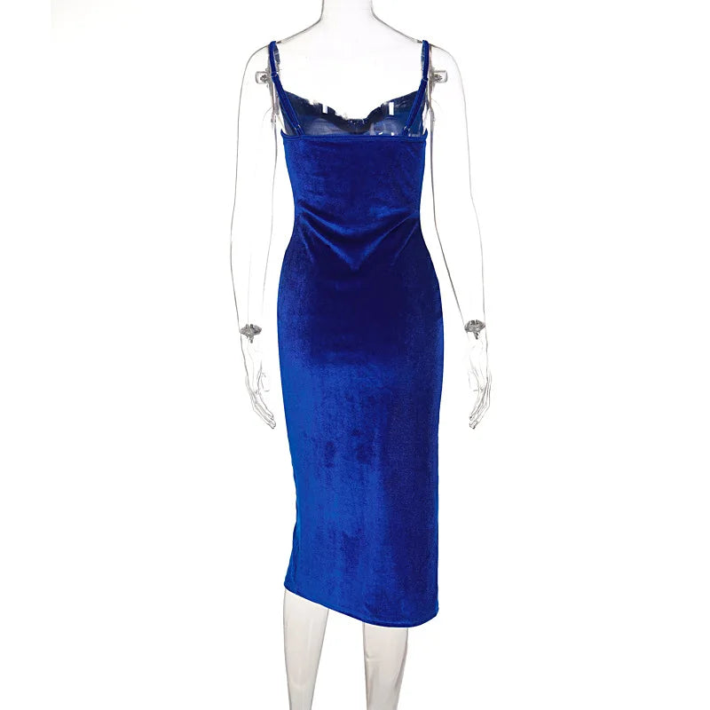 Velvet Bodycon Midi Dress For Party And Evening Wear