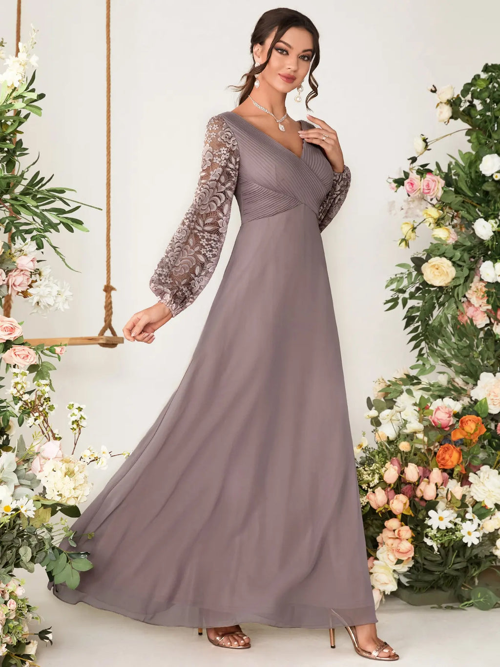 Chiffon Evening Ball Gown With V Neck Lace Patchwork