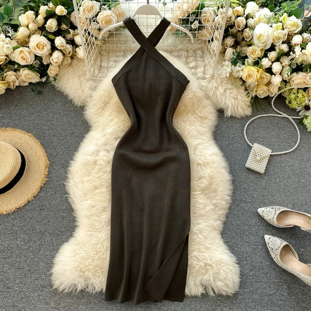 Elegant Solid Backless V Neck Knit Bodycon Dress For Women