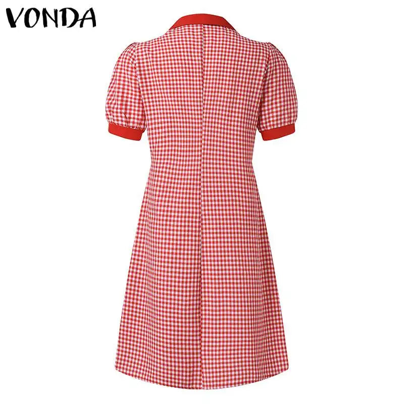 Boho Plaid Mini Dress Puff Sleeve A Line Sundress Style