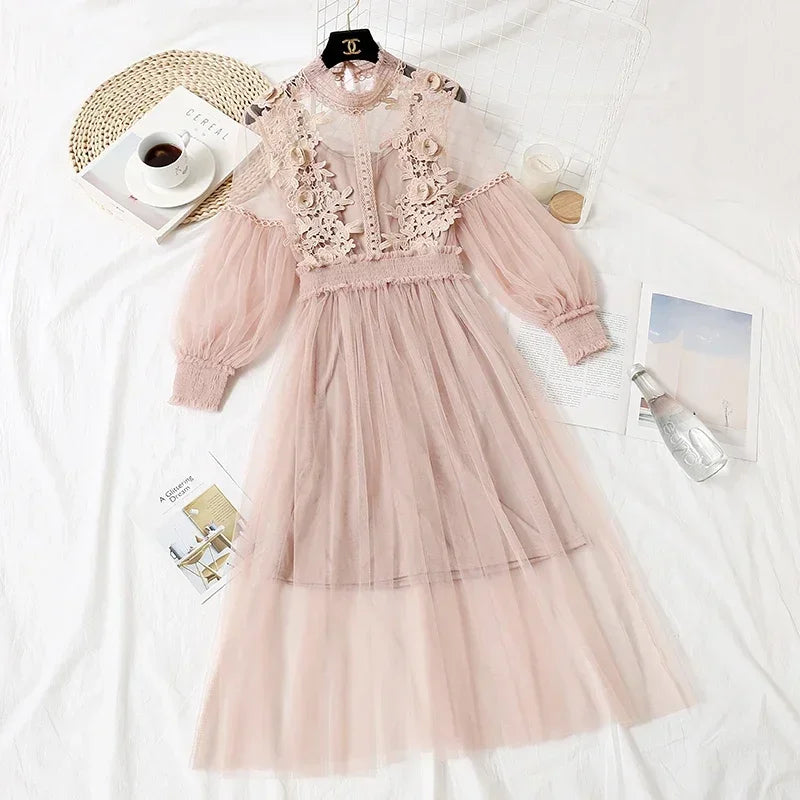 White Lace Mesh Dress With Lantern Sleeves For Women