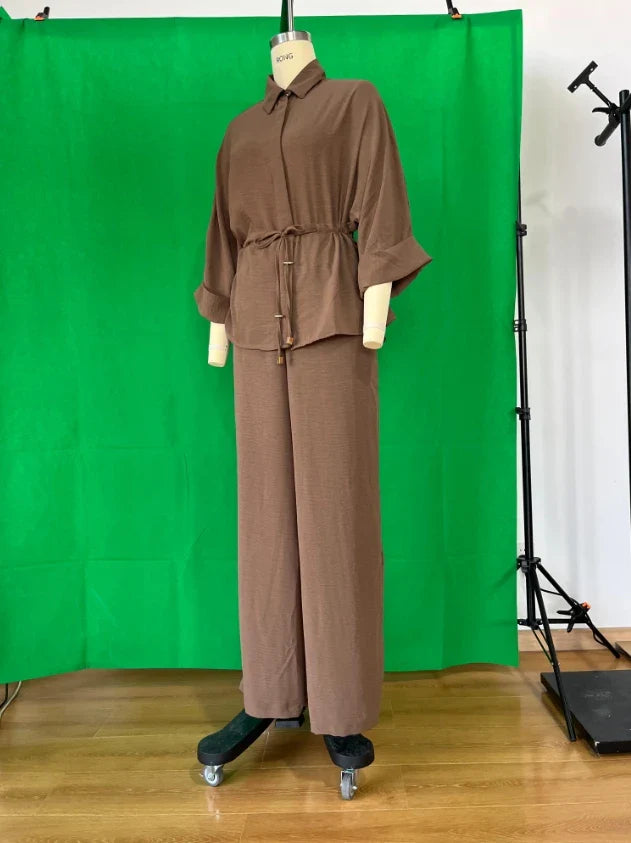 Fashion Women's Casual Pants Set with Solid Khaki Drawstring Waist Blouse and Elastic Waist Baggy Pants