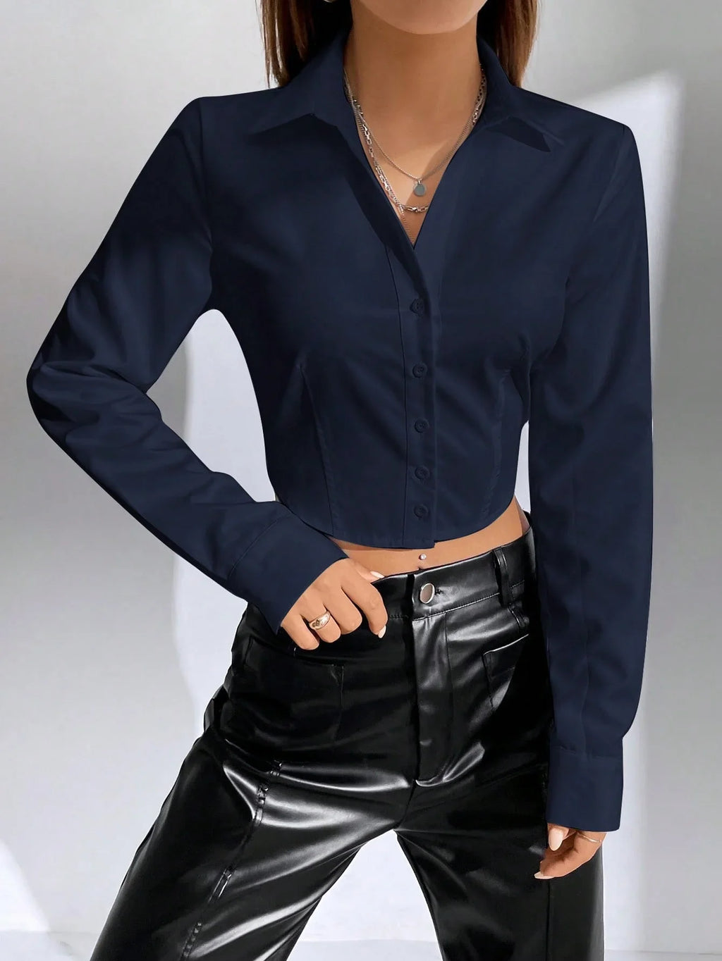 Women's Casual Solid Color Button Front Crop Shirt with Long Sleeves and Short Hem