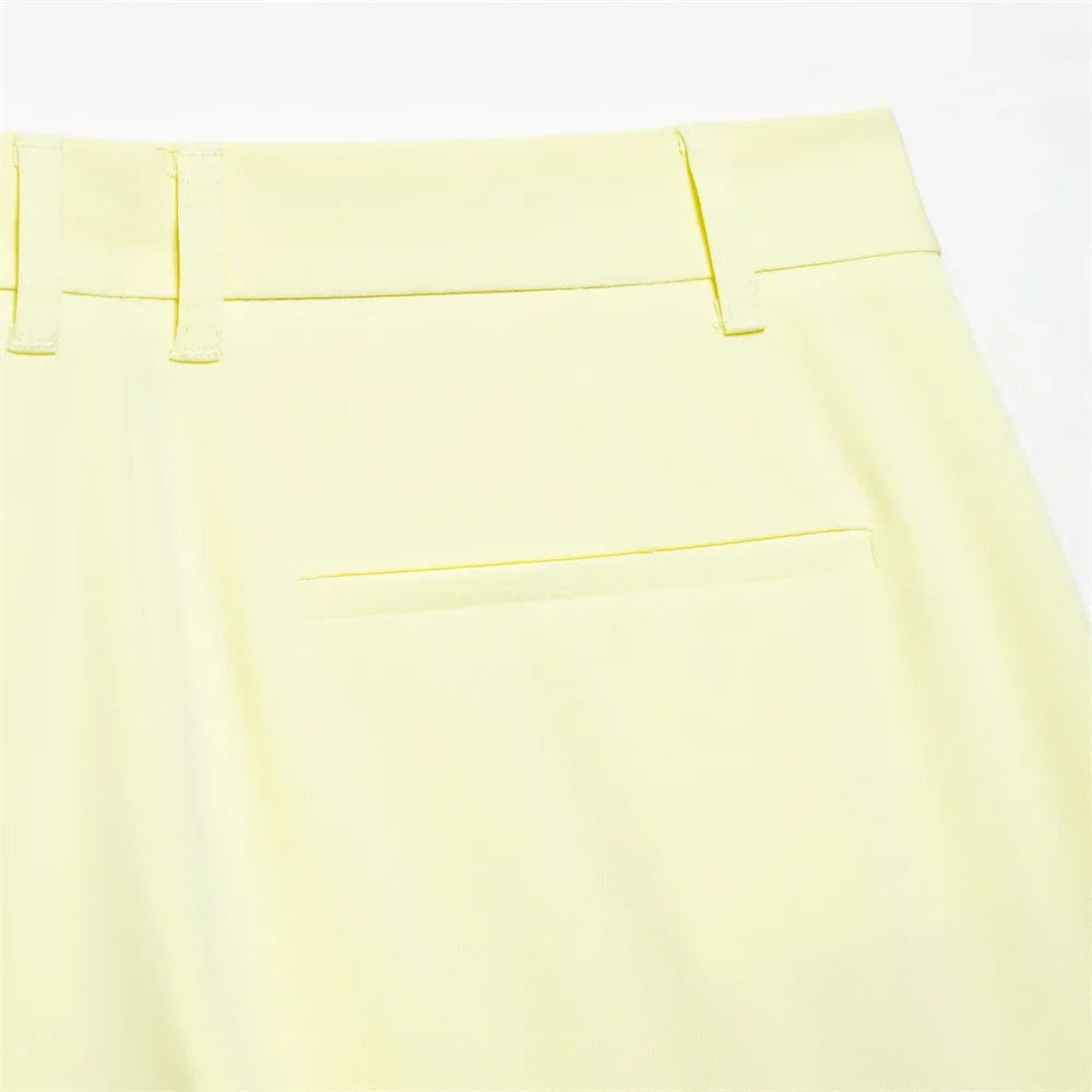 Womens Light Yellow Suit Set Halter Vest with Gold Buttons and Pleated Wide Leg Pants Stylish Ensemble