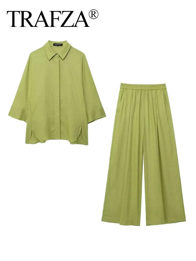 Women Casual Summer Outfit Two Piece Set with Solid Loose Lapel Shirt and High Waist Wide Leg Pants