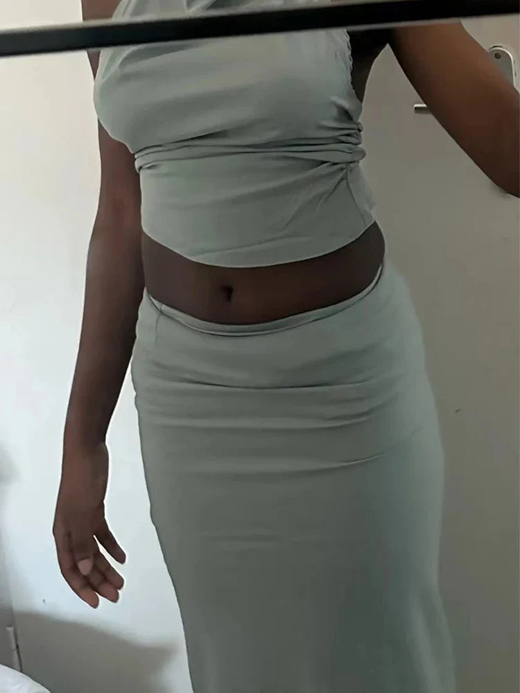 Women's Chic Two-Piece Set Backless Pleated Crop Top with Vintage High Waist Back Slit Midi Skirt Elegant Lady Fashion Ensemble