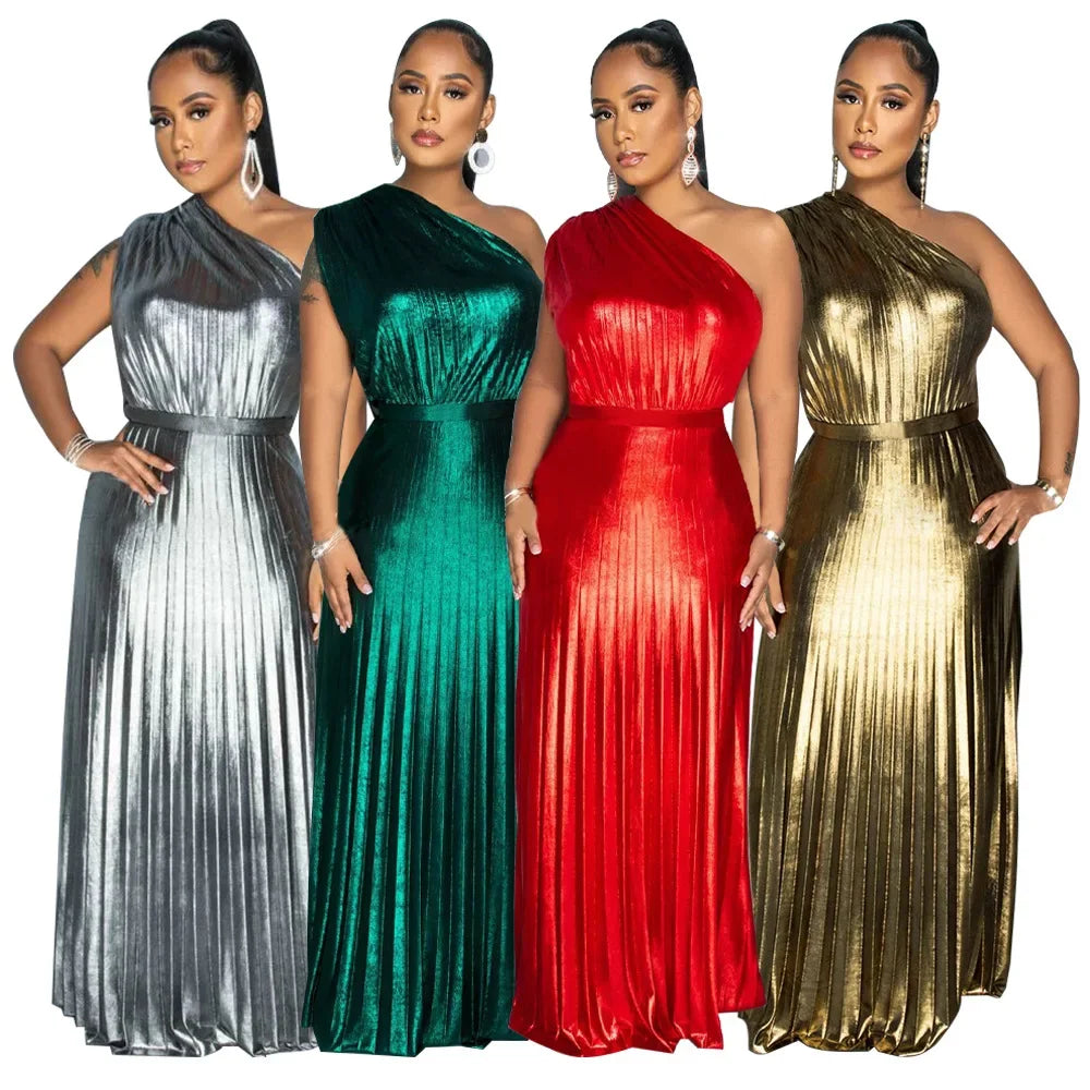 One Shoulder Metallic Pleated Maxi Dress Evening Gown