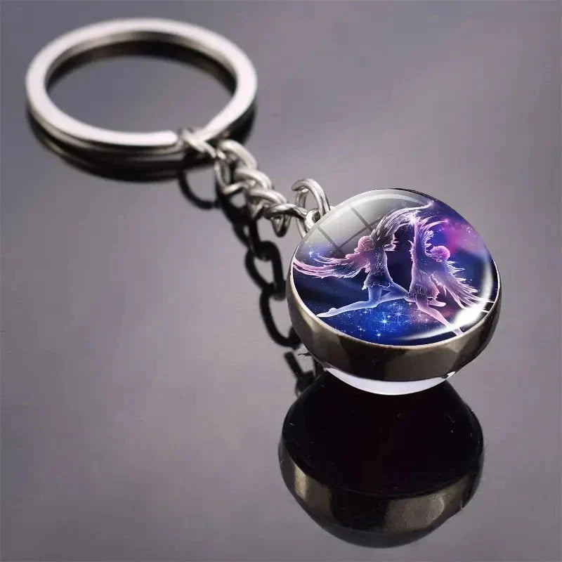 Luminous Zodiac Key Chain Double Sided Glass Ball Pendant for Men and Women Birthday Gift