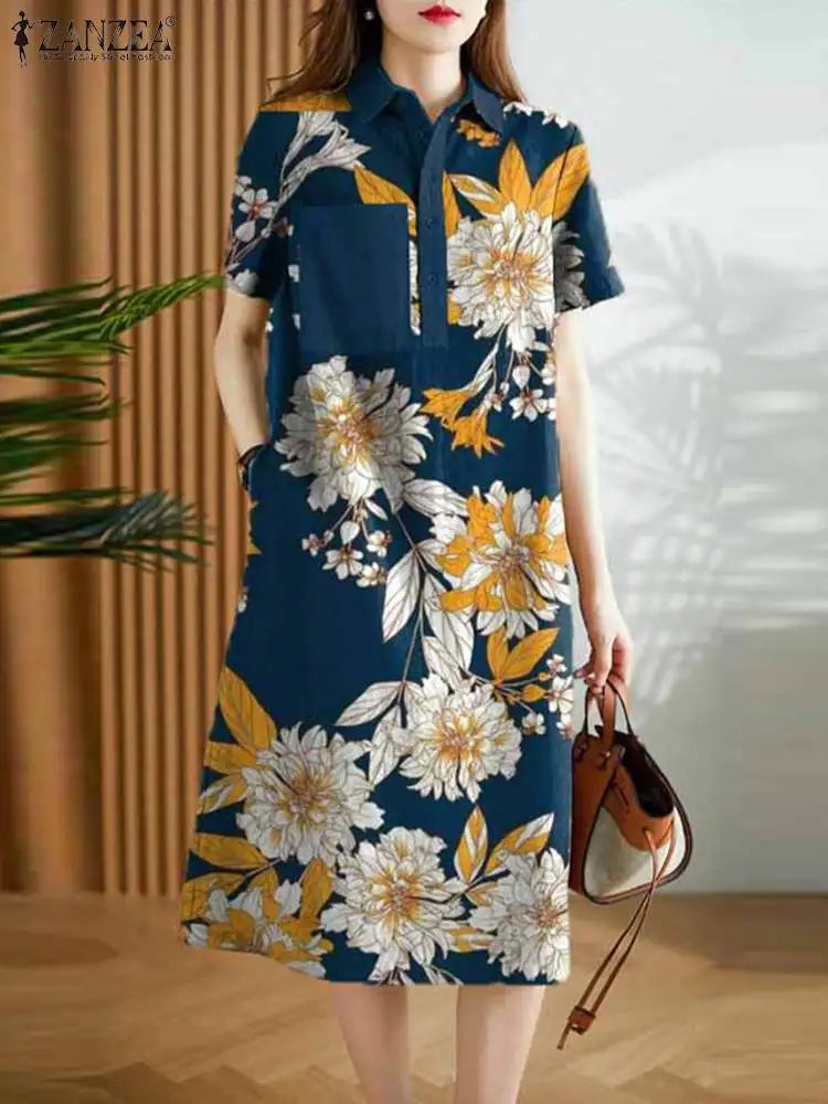 Bohemian Floral Shirt Dress For Women Vintage Short Sleeve