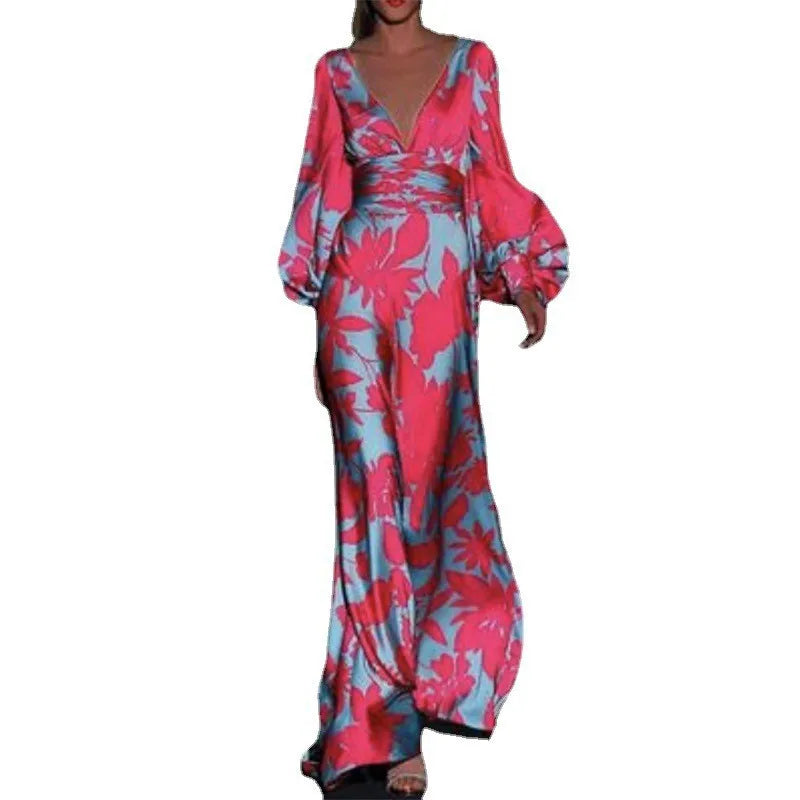Printed Womens V Neck Lantern Sleeve Long Evening Dress