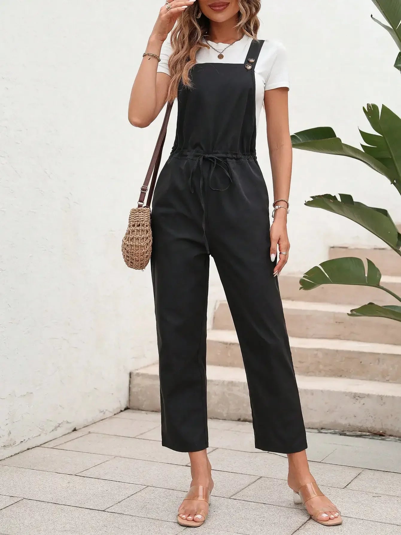 Elegant Stylish Women's Romper with Suspender Top Button Embellishment and Waist Drawstring Casual Jumpsuit