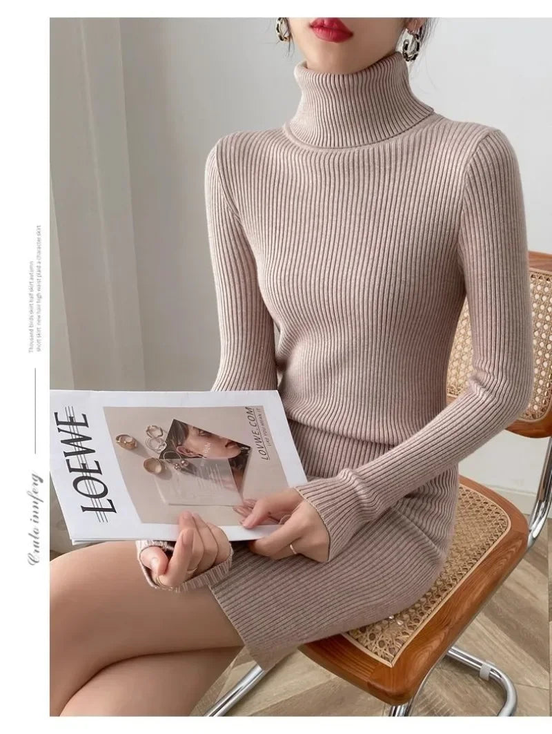 Korean Turtleneck Sweater Dress Bodycon Knit For Office