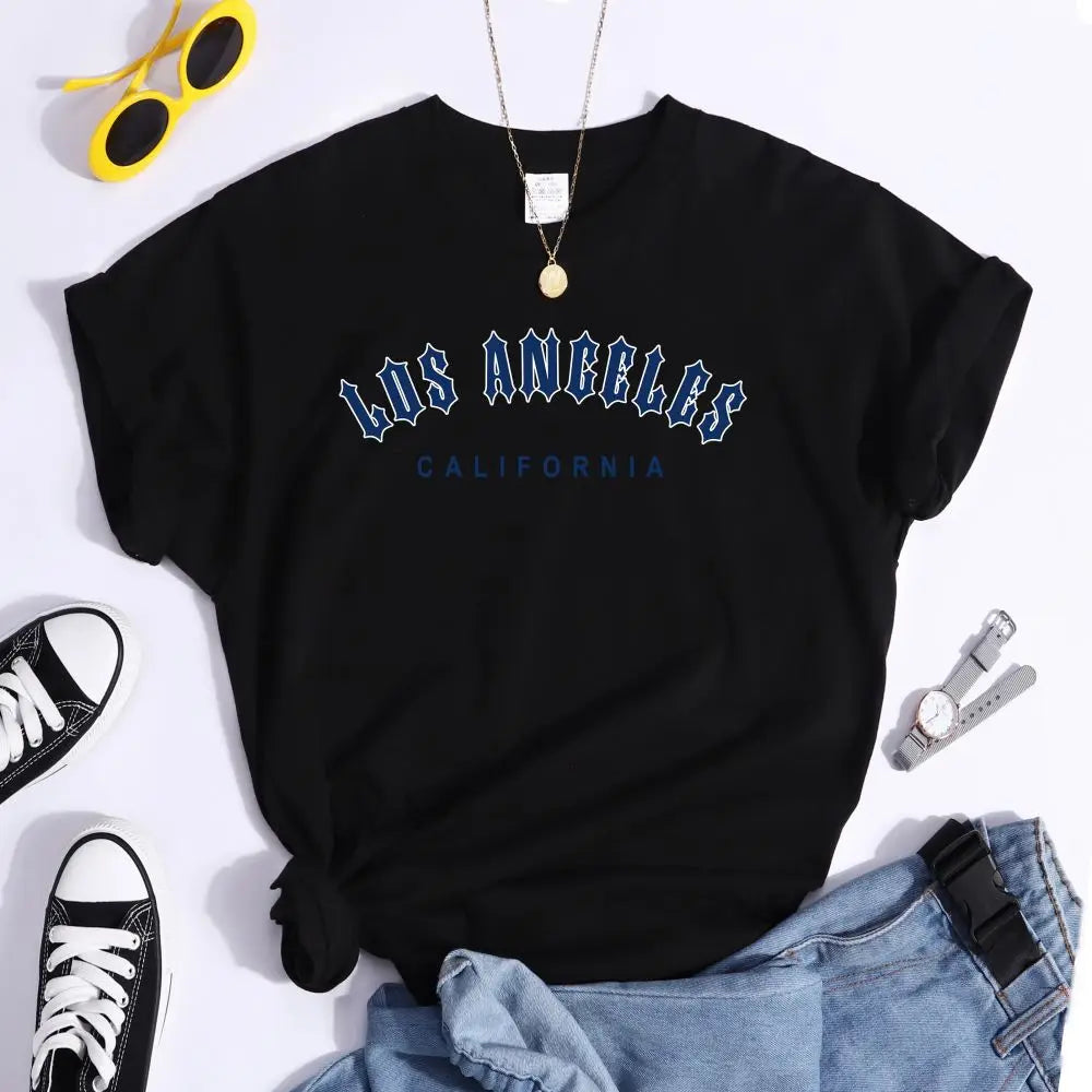 Los Angeles Letter Print Women's Casual T-Shirt Short Sleeve Crewneck Summer Style