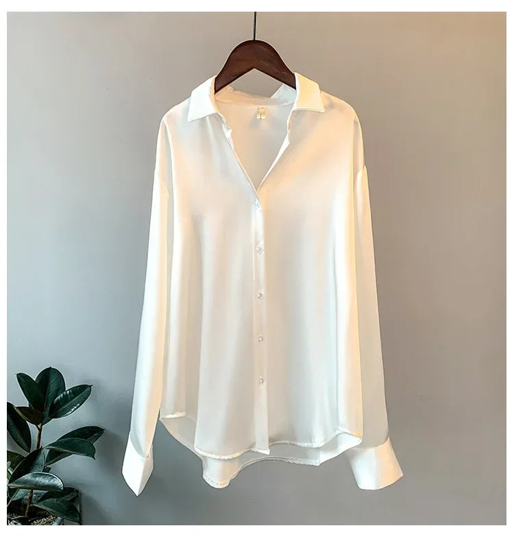 Long Sleeve Satin Shirt for Women Draped Retro Style Sun-Proof Lightweight Blouse Perfect for Spring and Summer All-Matching Fashion Top