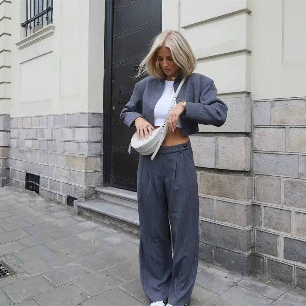 Women's Fashion Casual Striped Suit Jacket and Wide Leg Pants Set for Effortless Commuter Style