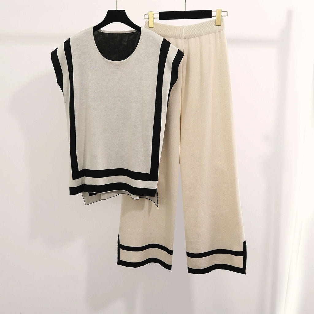 Women Casual Striped Sweater Pant Set Autumn Winter Knitted Short Sleeve Tops and Elastic Sweater Pants