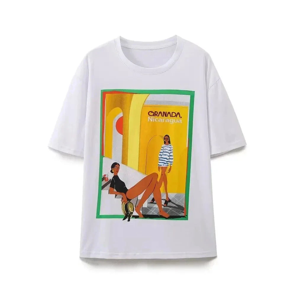 Summer Women's Casual Printed Cotton T-Shirt Comfortable Breathable Short Sleeve Top