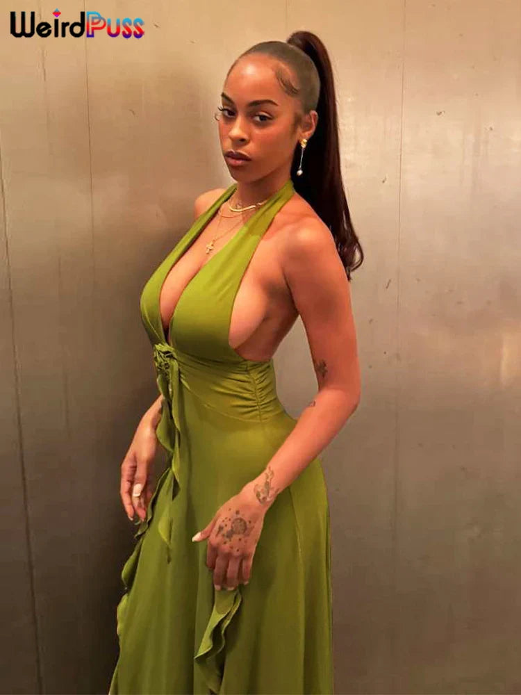 Backless Halter Maxi Bodycon Dress With Tassels And Ruched