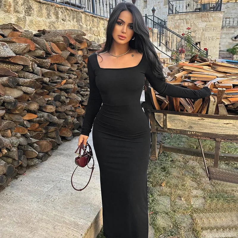Lace Up Bandage Maxi Dress Black Long Sleeve Bodycon