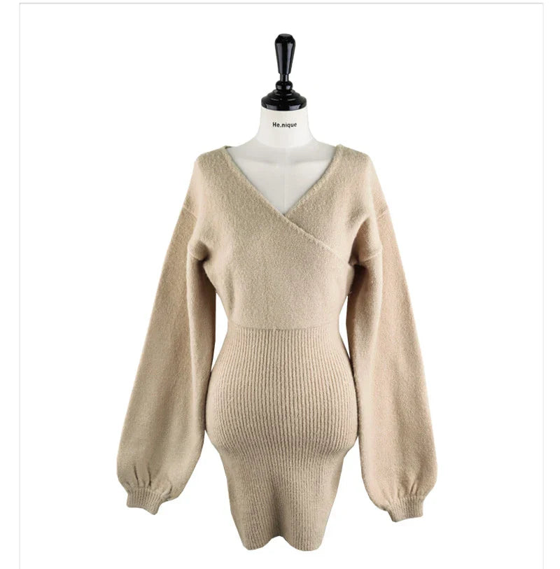 Cross V Neck Knitted Sweater Dress Wrap Style Short Fit
