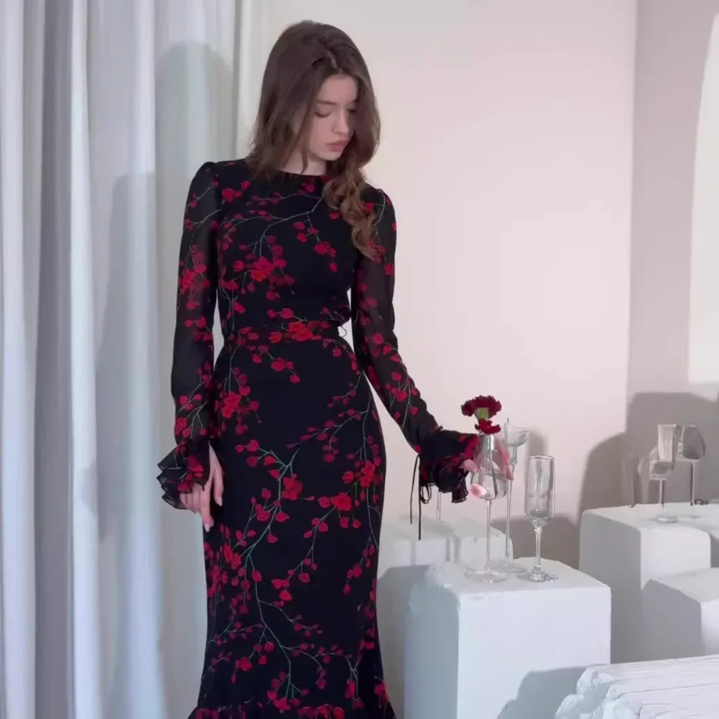 French Floral Printed Evening Dress For Women Slim Fit White