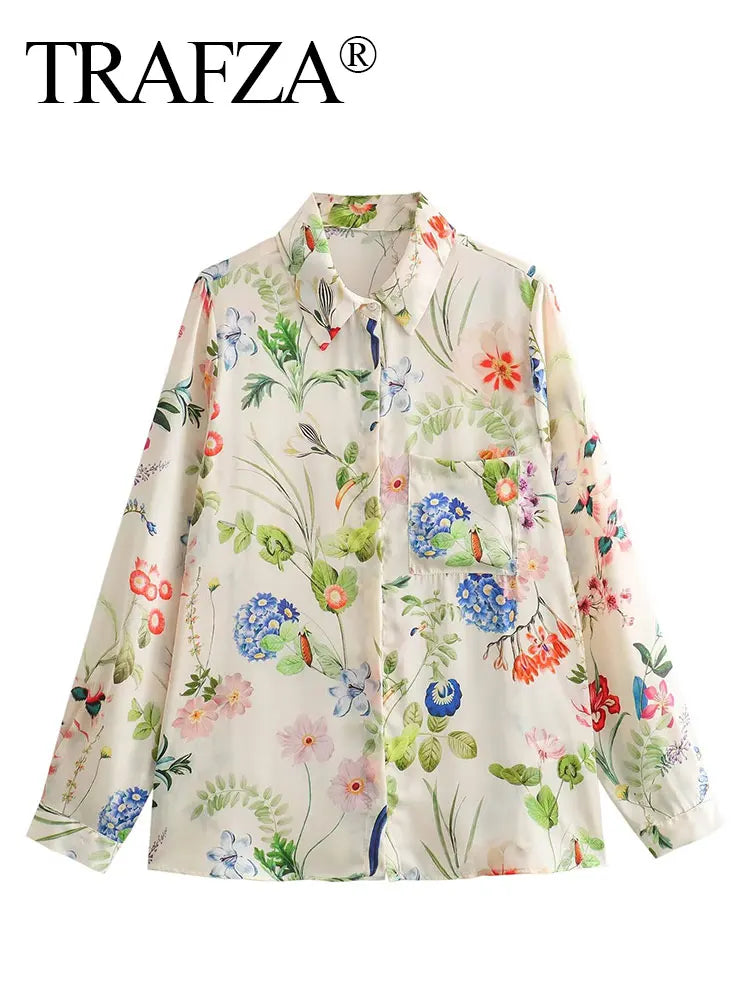 Elegant Women Floral Print Lapel Blouse Single Breasted Long Sleeve Casual Chic Top