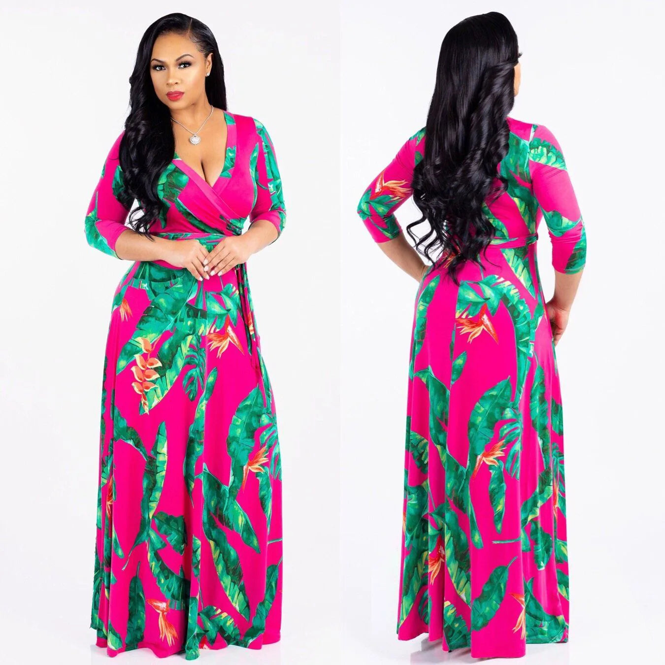 Bohemian Floral Maxi Dress With V Neck Three Quarter Sleeves