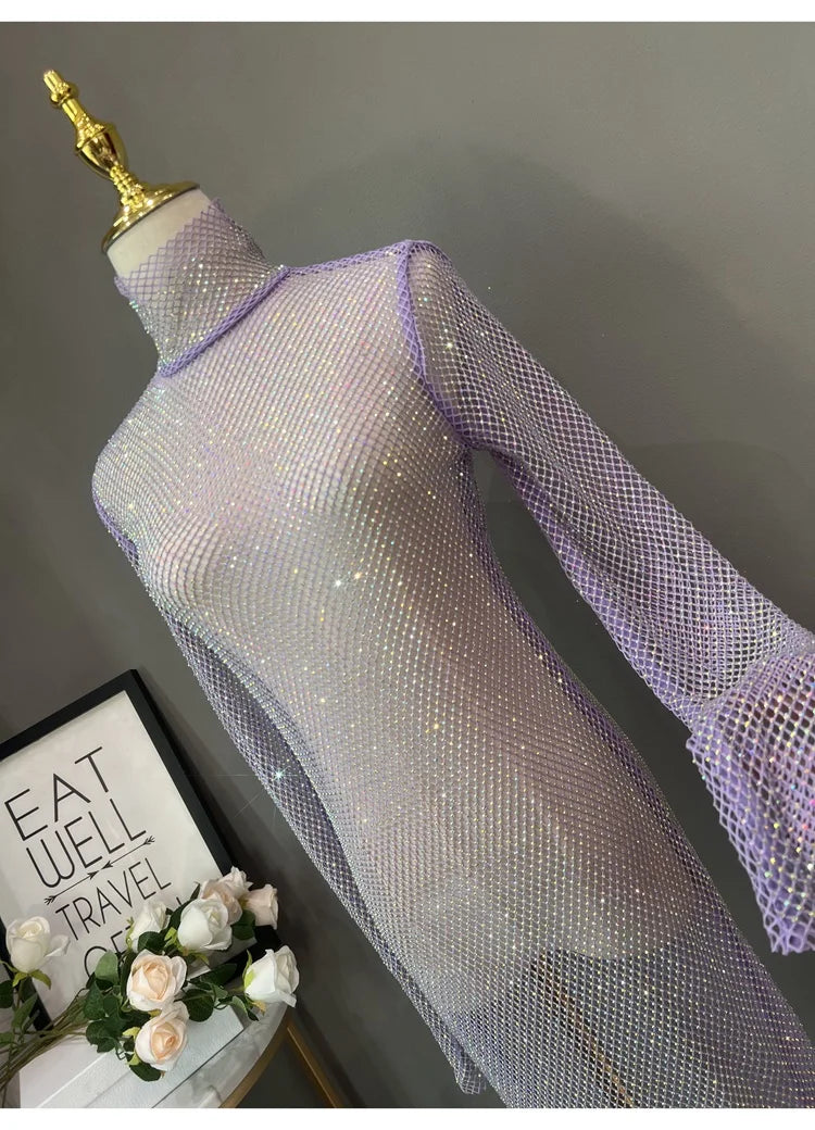 Rhinestone High Neck Glitter Party Dress Mid Length