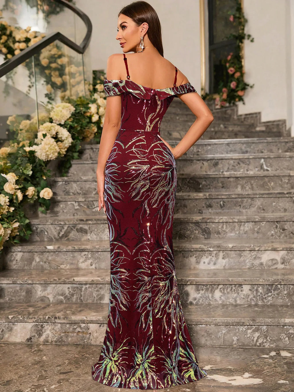 Sequin Formal Party Dress With Spaghetti Straps High Slit