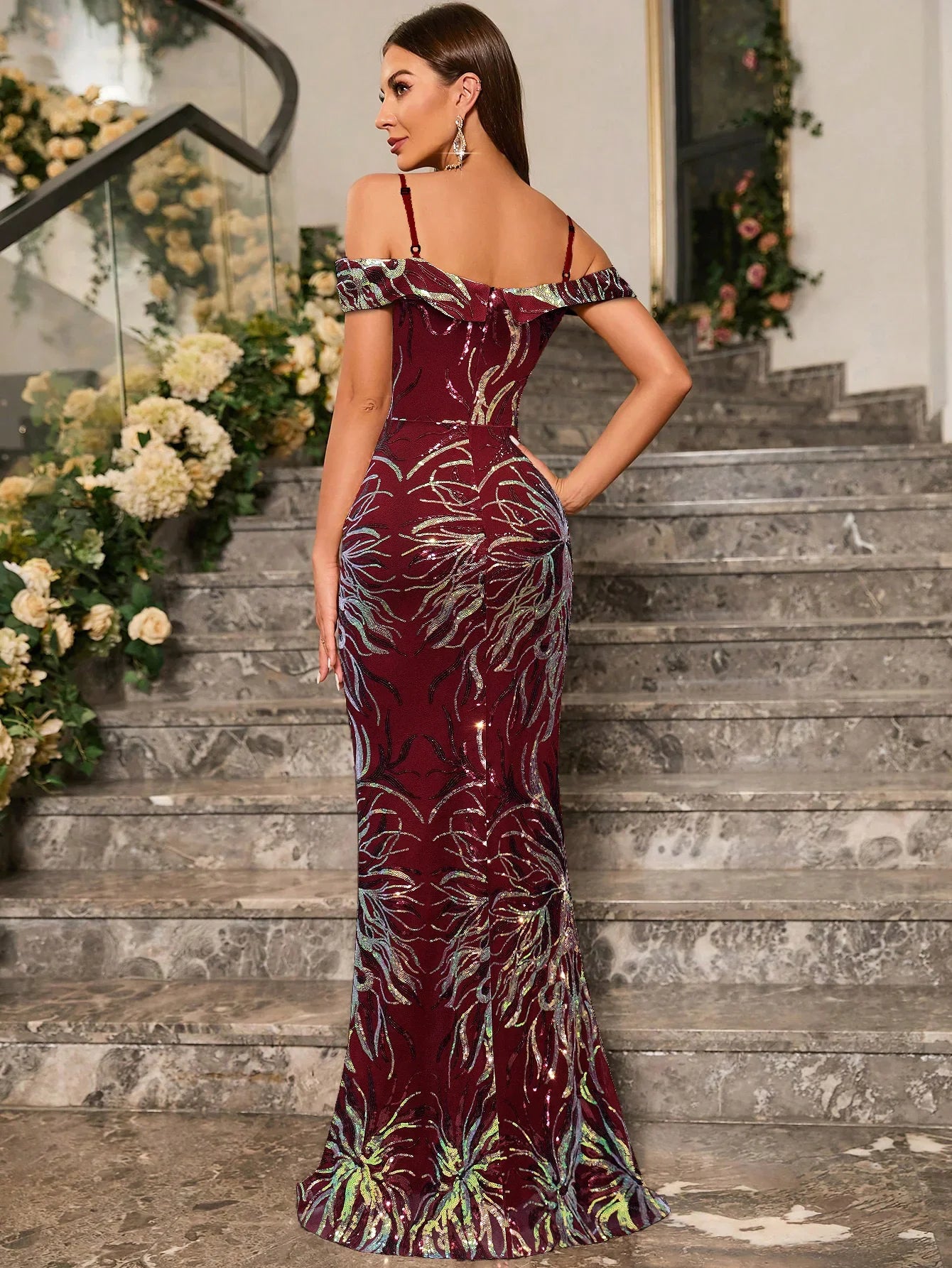 Sequin Formal Party Dress With Spaghetti Straps High Slit