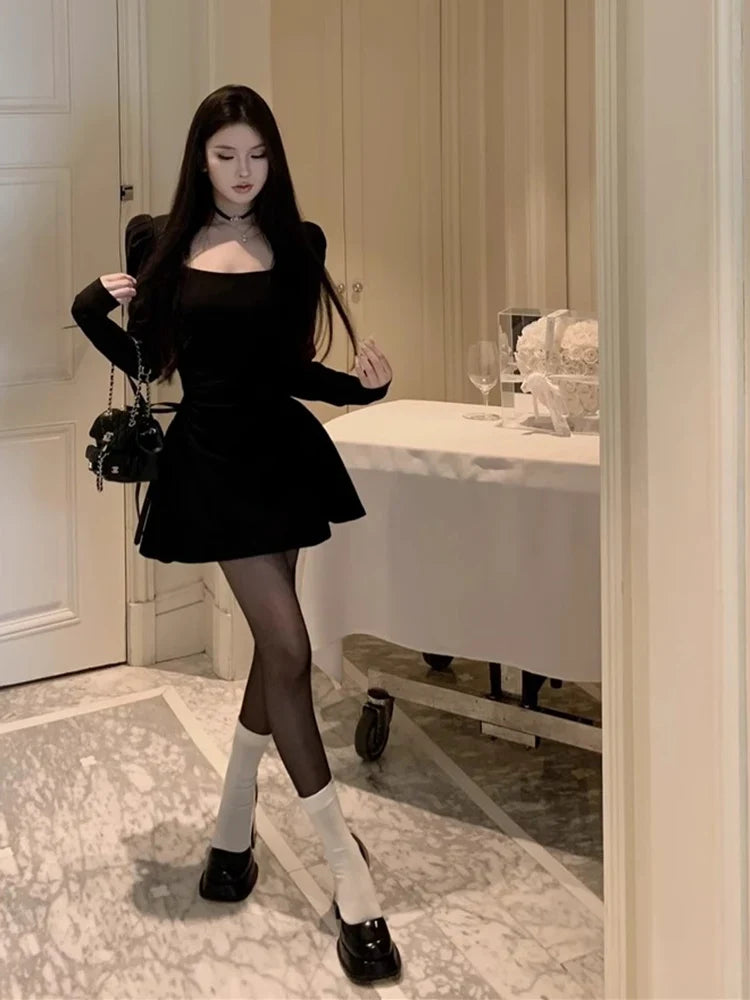 Elegant Women Evening Dress Long Sleeve Retro Banquet Black