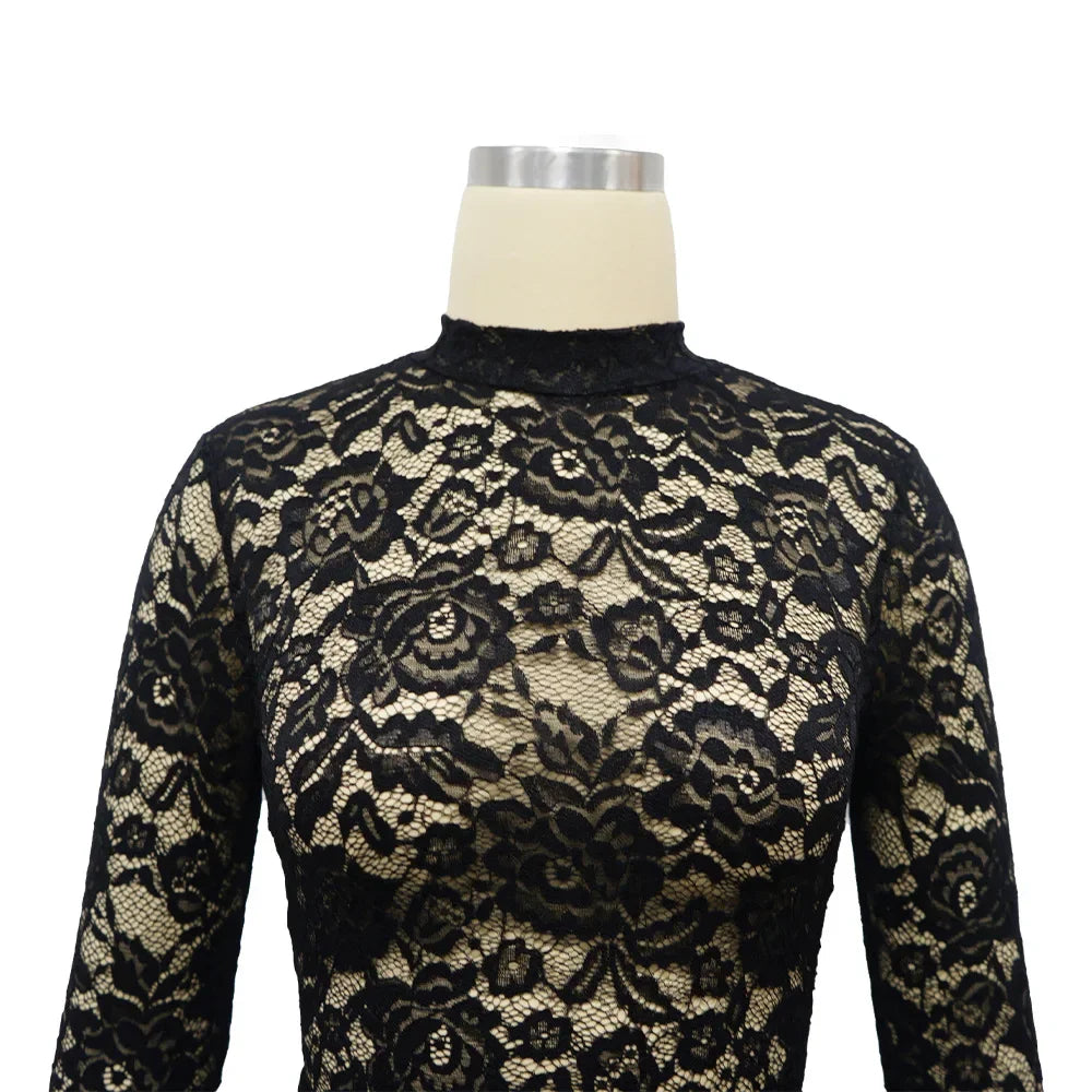 Sexy Sheer Floral Lace Jumpsuit with Overlay Skirt Stretchy Skinny One Piece Romper for Nightclub Party Women Clubwear