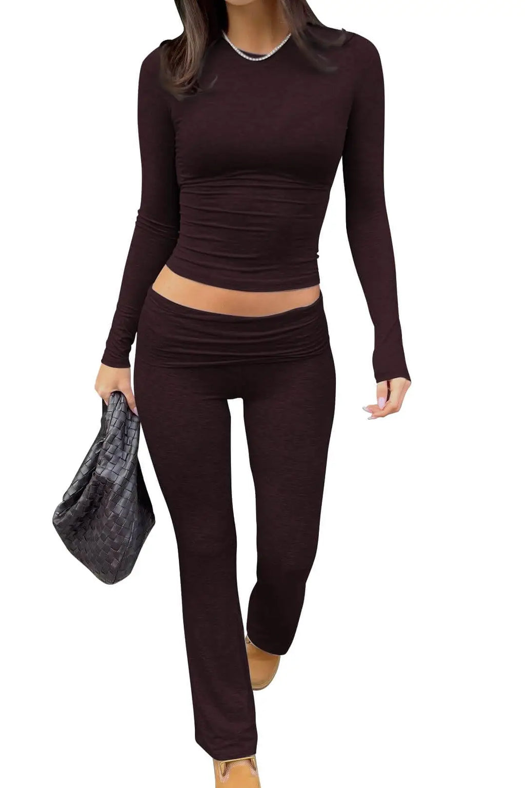 Casual Workout Two Piece Sets for Women Short Sleeve Crop Top and High Waist Flare Pants Tracksuit