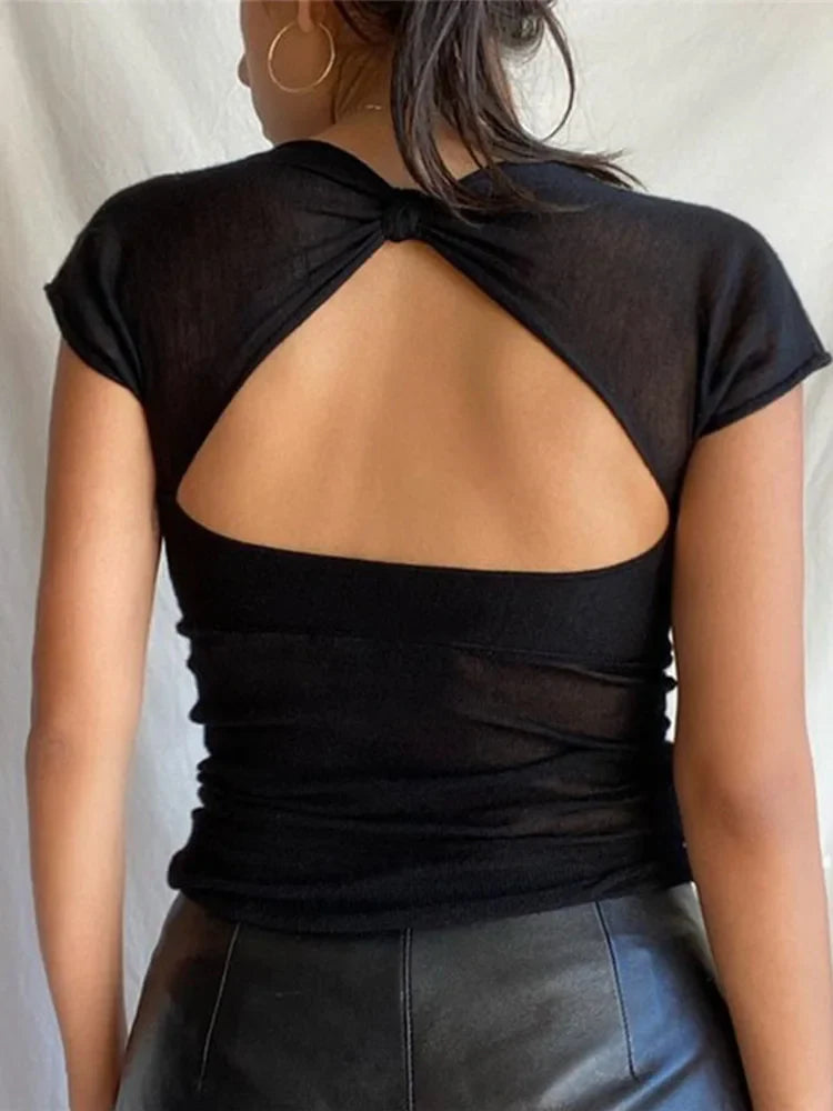 Square Collar Backless Crop Top for Women Short Sleeve Elegant Streetwear Tees