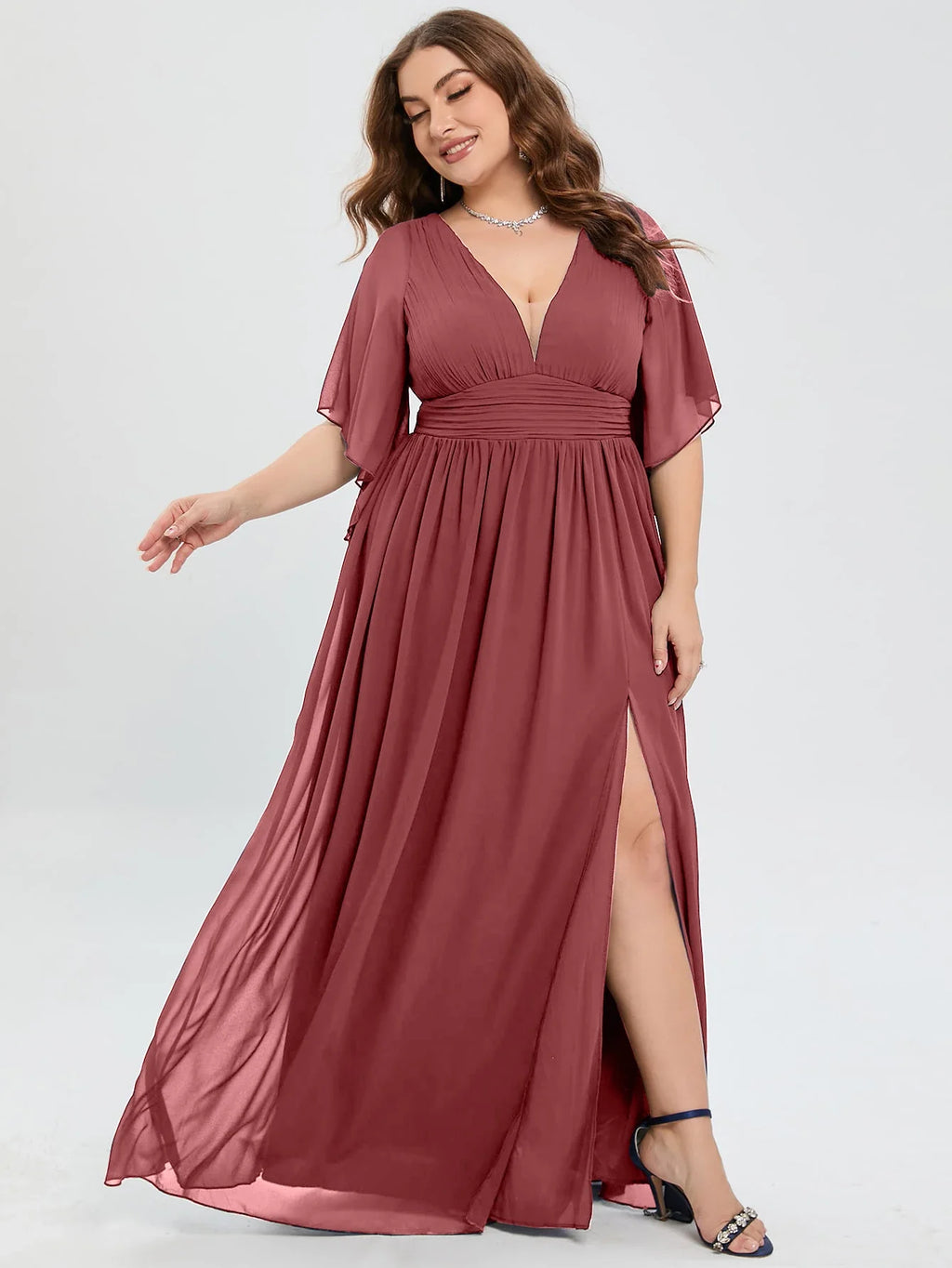 Plus Size Chiffon Bridesmaid Dress V Neck Butterfly Sleeve