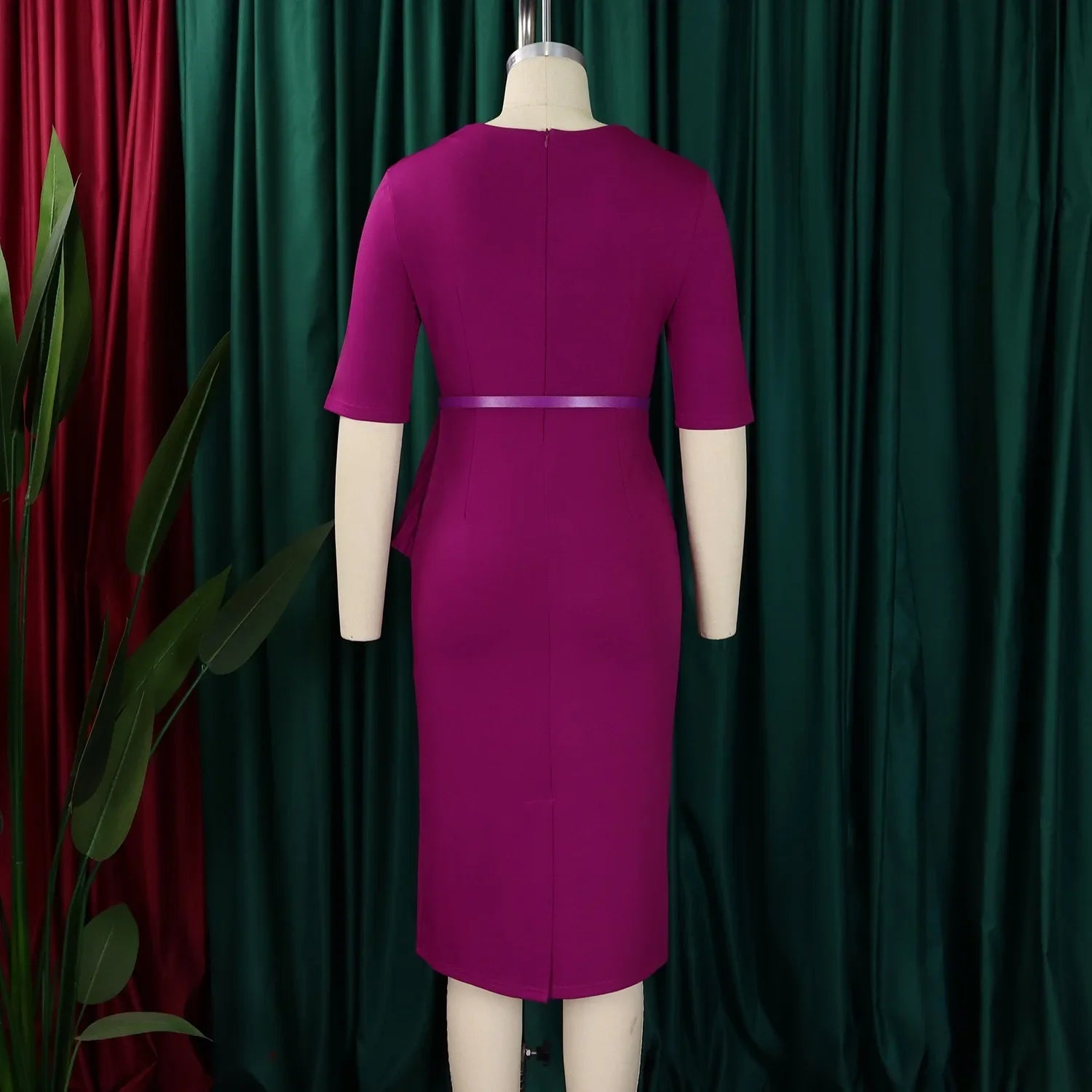 Women Square Neck Bodycon Midi Dress Belted For Work