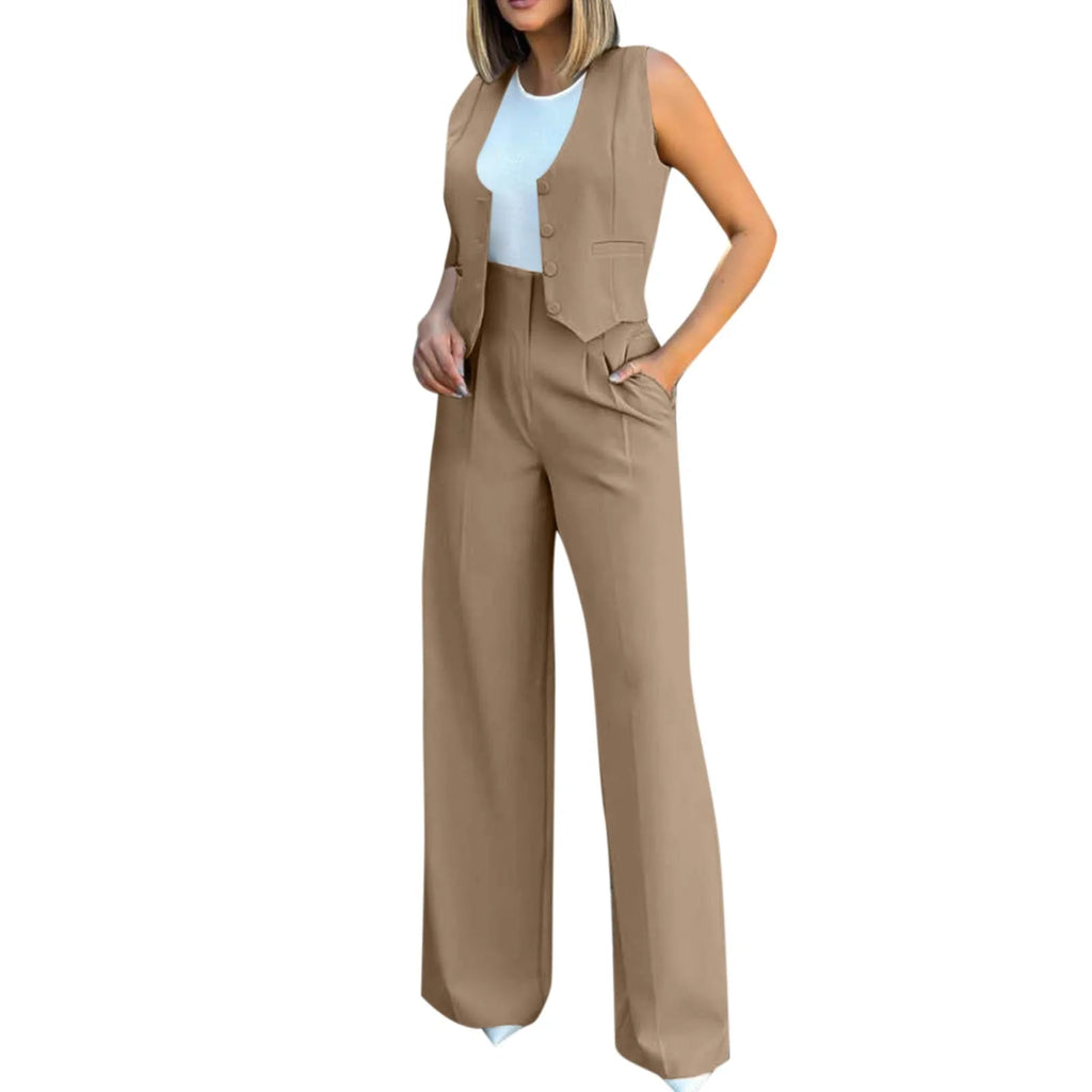 Sleeveless V-Neck Vest and High Waist Wide Leg Pant Set for Women Casual Chic Vintage Elegant Two Piece Outfit for Office and Everyday Wear